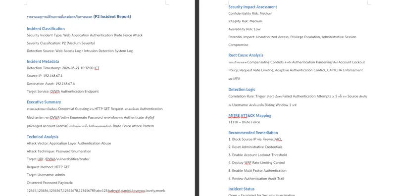 demo report แสดงให้เห็นการ classification, metadata ของเคส, analysis ว่าเราคิดยังไง, impact assessment,root cause ว่าเกิดจากอะไรได้บ้าง, MITRE ATT&CK mapping, Rule logic ที่ใช้ตรวจจับ