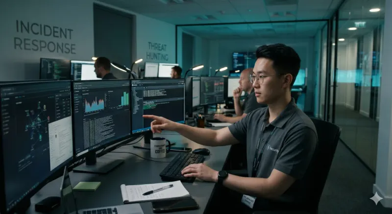 soc analyst pointing his finger at the screen for nothing