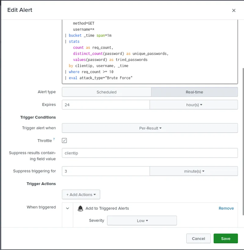 splunk_alert_config การเซ็ตอัพ Alert Rule โดยในที่นี้ใช้ logic คือ Failed Authentication Attempts ≥ 5 ครั้ง จาก Source เดียวกันต่อ Username เดียวกัน ภายใน Sliding Window 1 นาที 